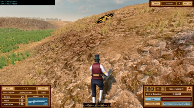 Charging up a hill towards my chosen target--the black and yellow circle.